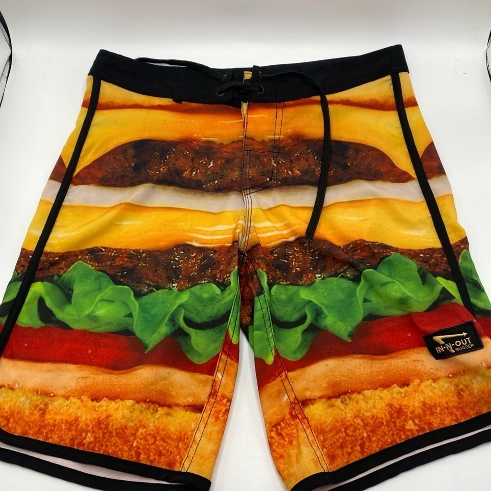 In-N-Out Burger Shorts Mens Multicolor Board Shorts Swim Trunks Burger Print 28